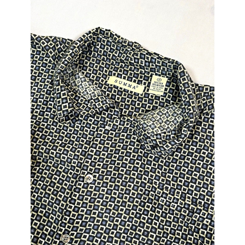 VTG SUMMA Shirt Mens 2XL Black Geometric Retro Square Button Down Silk Blend 90s